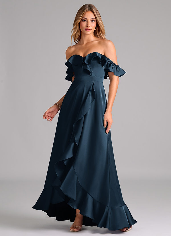 Lyra Bridesmaid Dresses Dark Navy A-Line Off the Shoulder Stretch Satin Convertible Dress image1