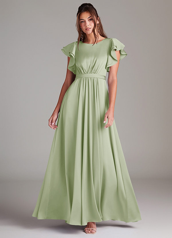 Azazie Daphne Modest Bridesmaid Dresses A-Line Ruched Stretch Satin Floor-Length Dress image1
