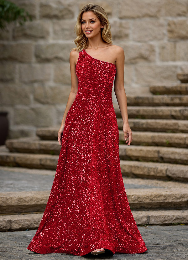 Opulent Rosso Abito da ballo lungo a trapezio, monospalla, in velluto con paillettes e tasche image1