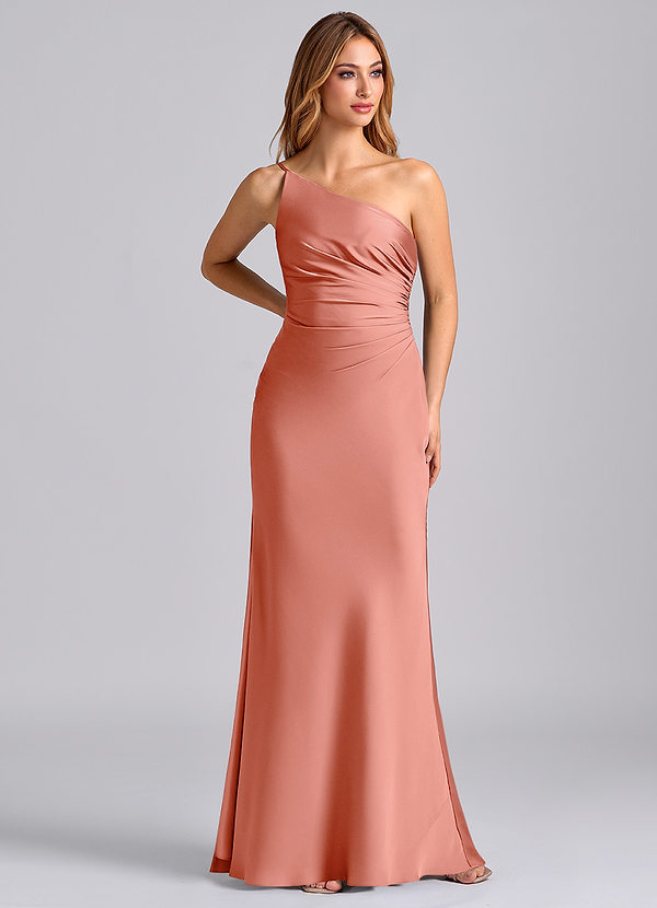Azazie Marseli Bridesmaid Dresses Coral Mermaid One Shoulder Stretch Satin Dress image1