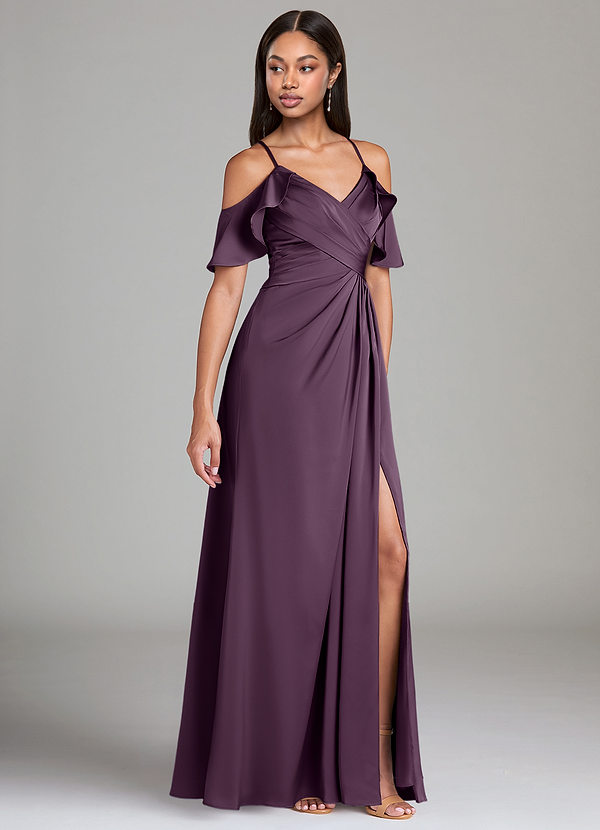 Azazie Dakota Bridesmaid Dresses Plum A-Line Off the Shoulder Stretch Satin Dress image1