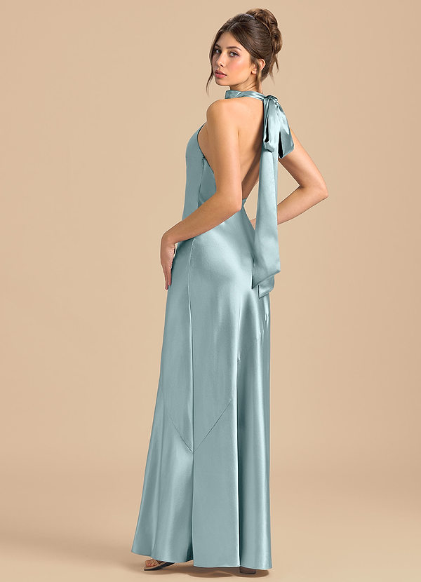 Azazie Velli Robes Demoiselle d'honneur Robe Fourreau en Satiné métallisé Col Haut Brume image1