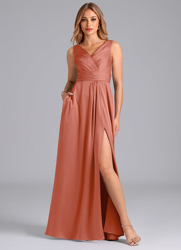 Azazie Karina Bridesmaid Dresses Salmon Pink A-Line Pleated Stretch Satin Dress image1