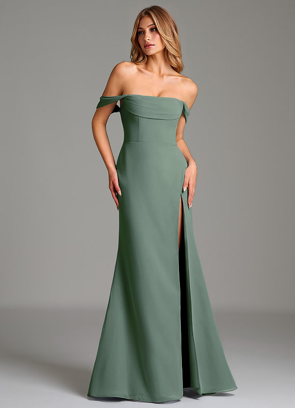 Azazie Riley Robes Demoiselle d'honneur Robe Fourreau Convertible en Mousseline de soie Épaule décolletée Eucalyptus image1