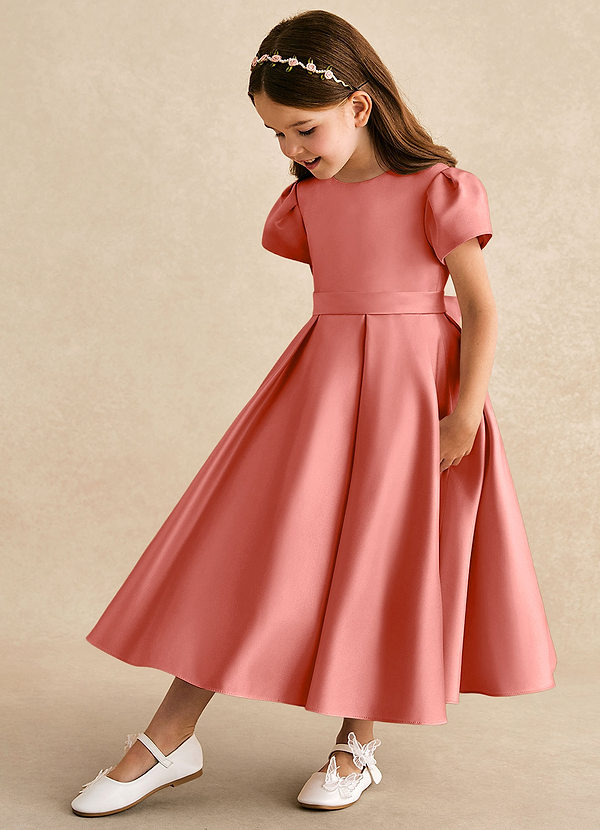 Princess Flower Girl Dresses Salmon Pink A-Line Pleated Matte Satin Dress image1