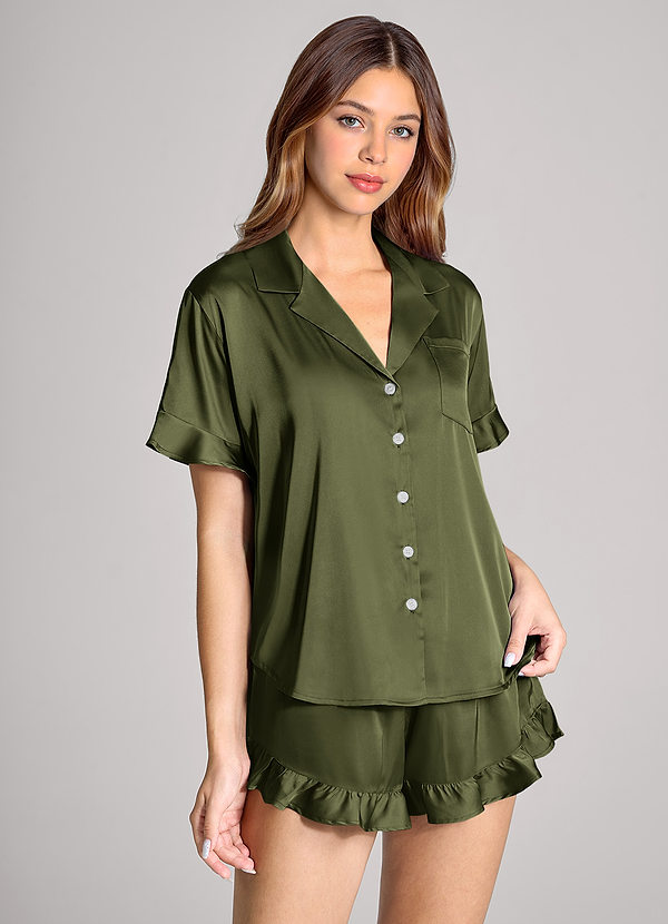 front Olive Ruffled Short Sleeve Pajama Set