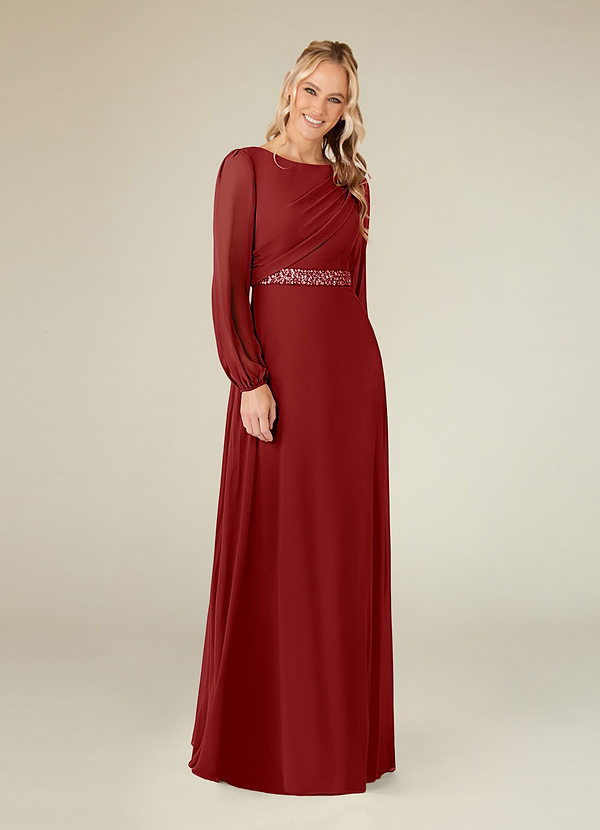 Azazie Priyanka Vestidos de Madre de la Novia Vestido de Óxido de Gasa de Corte en A con Cuello barco plisado image1