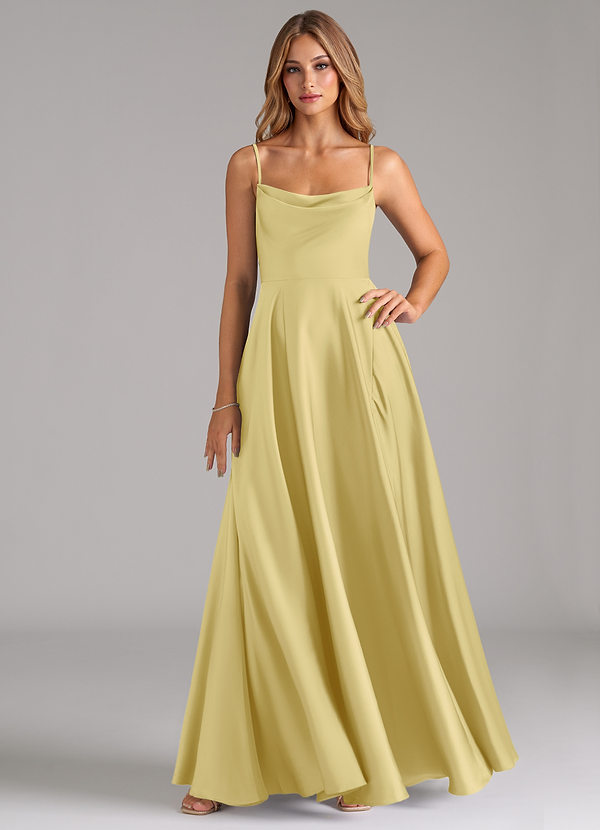 Azazie Elle Bridesmaid Dresses Lemon Sorbet A-Line Pleated Stretch Satin Dress image1