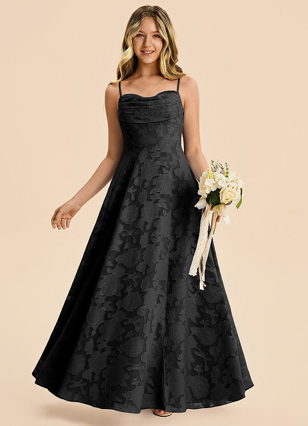 Azazie Bear Junior A-Linie Plissee Blumen-Burnout Kleid Schwarz image1