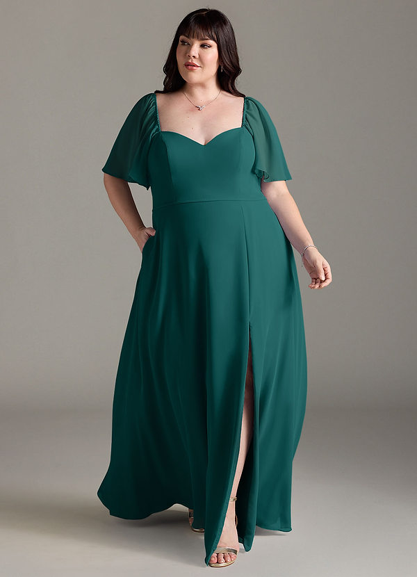Azazie Chloe Abiti da Damigella Abito A-Line in Chiffon Scollo a Cuore Verde Pavone image1
