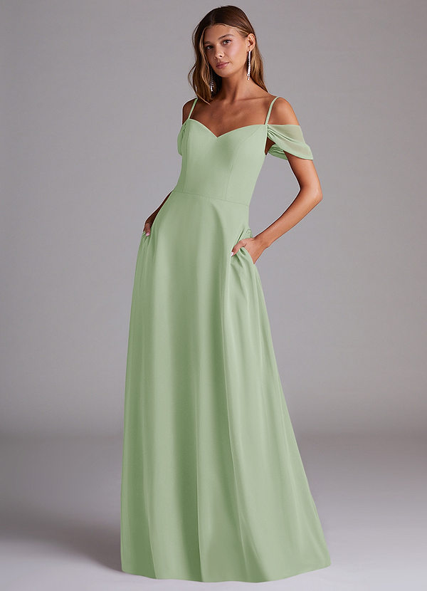 Azazie Marley Robes Demoiselle d'honneur Robe Trapèze Convertible en Mousseline de soie Épaule décolletée Vert Sauge image1