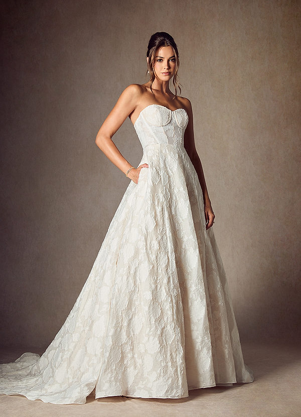 Azazie Meadow Vestidos de Novia Vestido de Blanco Diamante Champán de Jacquard Desgastado Floral de Corte Princesa con Sin tirantes image1