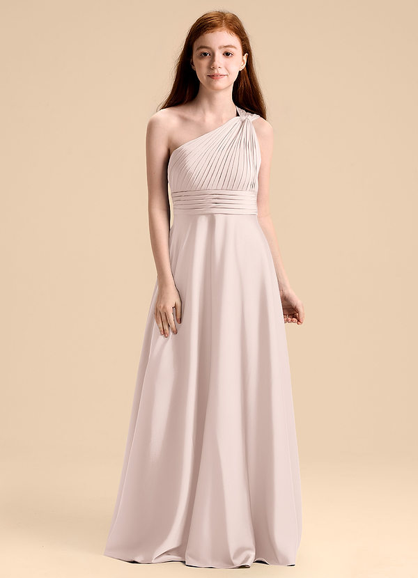 Azazie Charlize Junior Robe Trapèze en Satin extensible Plissée Rose Pâle image1