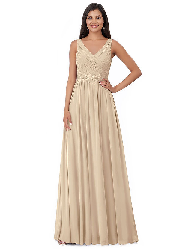 Azazie Robbie Vestidos Dama de Honor Vestido de Champán de Gasa de Acampanado con Encaje image1