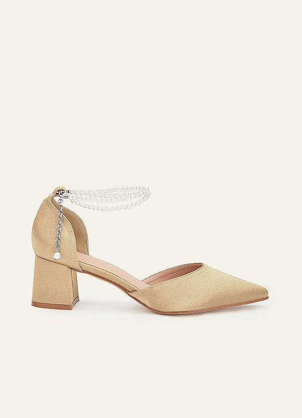 front Matching Color Metallic Satin Pearl Strap Pointed Toe Block Heels