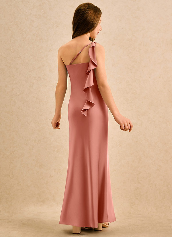 Azazie Almond Girls Formal Bloemenmeisjesjurken Kokerjurk Jurk van Stretch Satijn One-shoulder Zalm Roze image1