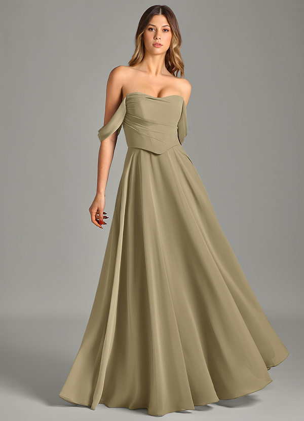 Azazie Chelsey Abiti da Damigella Abito Convertibile A-Line in Chiffon a Spalla Scoperta Verde Muschio image1