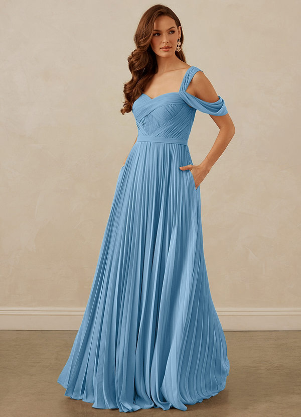 Christian Siriano Bridal for Azazie 1013 Bridesmaid Dresses Steel Blue A-Line Off the Shoulder Chiffon Dress image1
