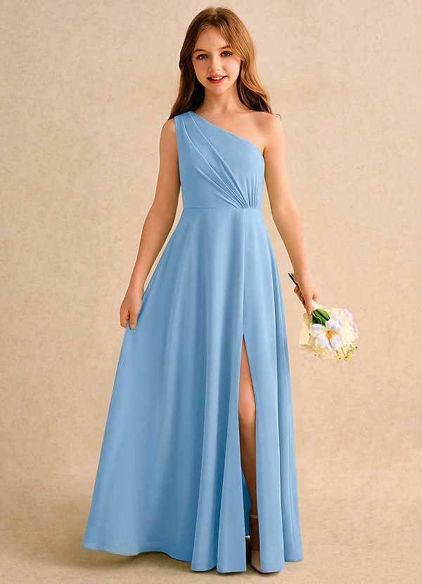 Azazie Puddles Girls Formal Robes de Fillette d'Honneur Robe Trapèze en Mousseline de soie Une épaule Poudre Bleue image1