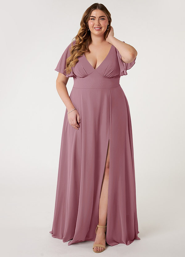Lace and Chiffon Full Length Dress with V-neck Vintage Mauve Plus Size