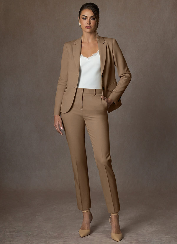 front Victoria Truffle Refined Weave Full Length Pants Suit