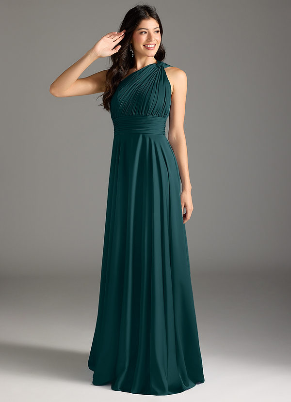 Azazie Charlize Bruidsmeisjesjurken Jurk van Stretch Satijn met A-lijn One-shoulder Pijnboom image1