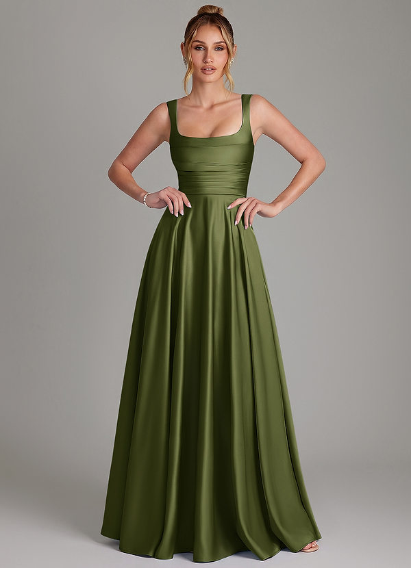 Azazie Azaria Bridesmaid Dresses Olive A-Line Corset Stretch Satin Dress image1