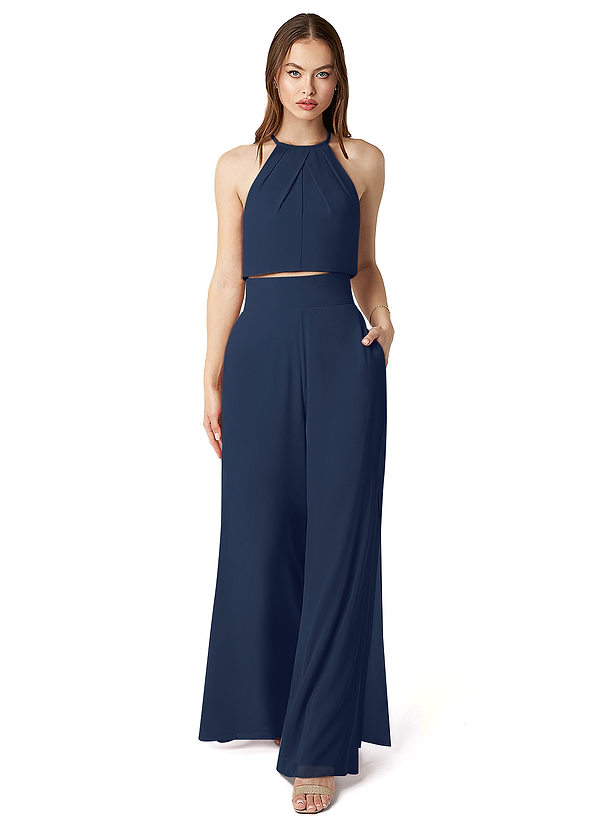 Azazie Kenzi Bridesmaid Dresses Dark Navy Pleated Chiffon Jumpsuit image1