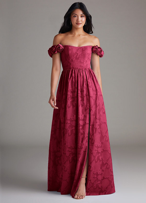Azazie Autumn Bridesmaid Dresses Burgundy A-Line Off the Shoulder Floral Burnout Convertible Dress image1