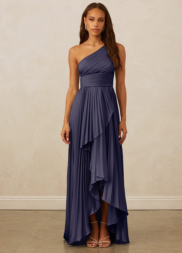 Christian Siriano Bridal for Azazie 1008 Robes Demoiselle d'honneur Robe Trapèze en Satin extensible Ue épaule Bleu Orageux image1