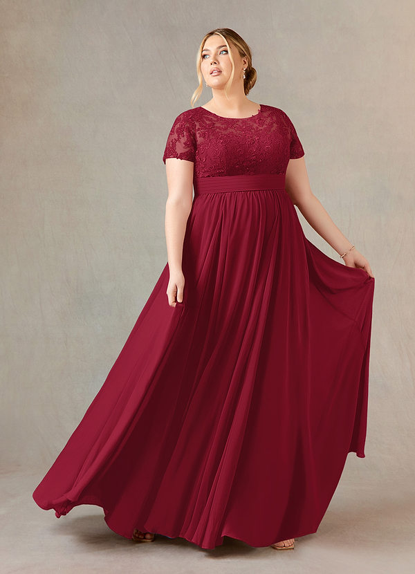 Azazie Annette Robe Mère de la Mariée & du Marié Robe Trapèze en Mousseline de soie Dentelle Bourgogne image1