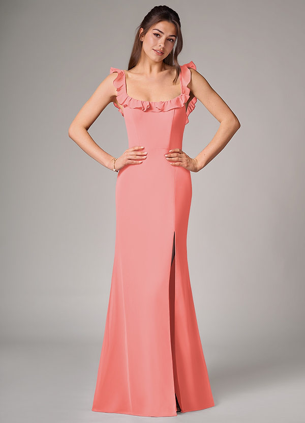 Azazie Callie Bridesmaid Dresses Coral Mermaid Side Slit Chiffon Convertible Dress image1