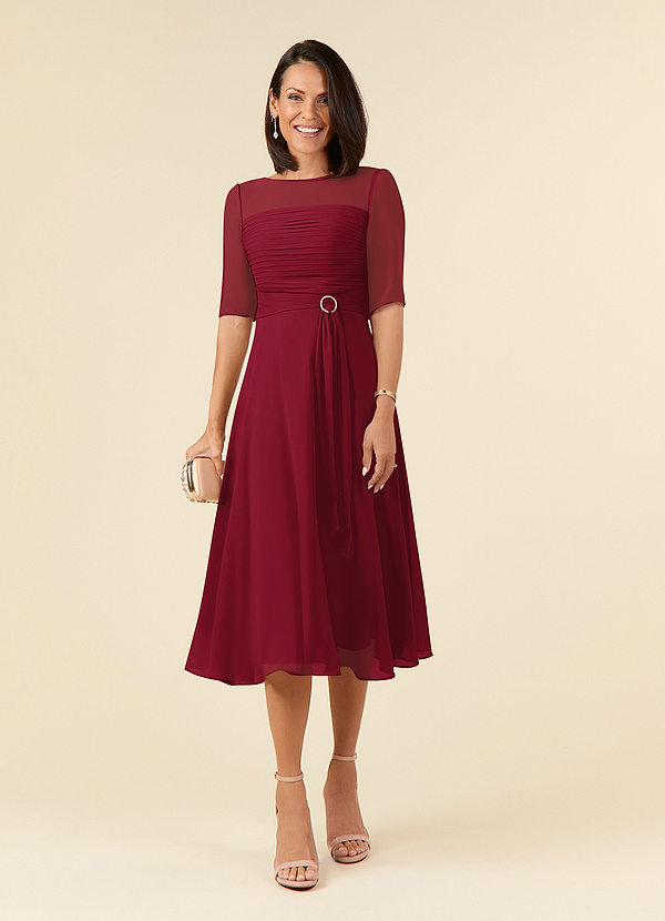 Azazie Naomi Mother of the Bride Dresses Burgundy A-Line Boatneck Pleated Chiffon Dress image1