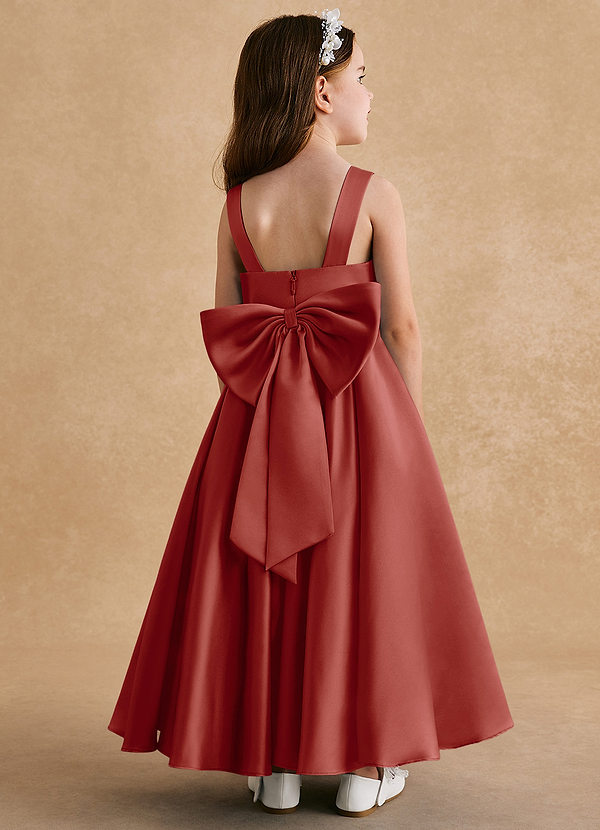 Azazie Honey Bear Flower Girl Dresses Terracotta A-Line Pleated Matte Satin Dress image1