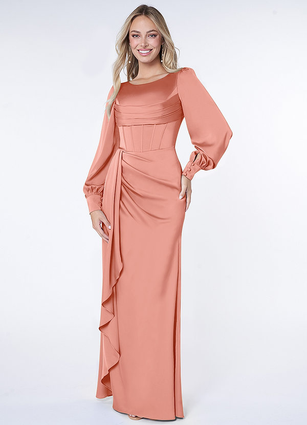 Azazie Raye Bruidsmeisjes Jurken Jurk van Stretch Satijn met Zeemeermin Lange mouw Koraal image1