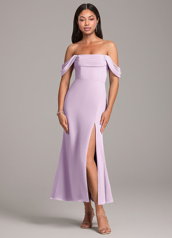 Azazie Saige Bridesmaid Dresses Frosted Lilac Sheath Off the Shoulder Chiffon Convertible Dress image1