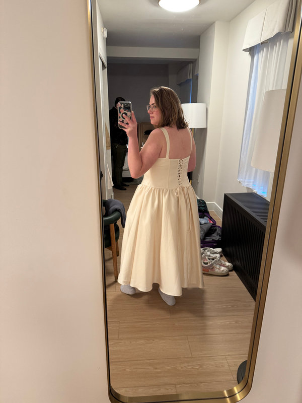 Arwen Cream Dropped Waist Midi Dress | Azazie
