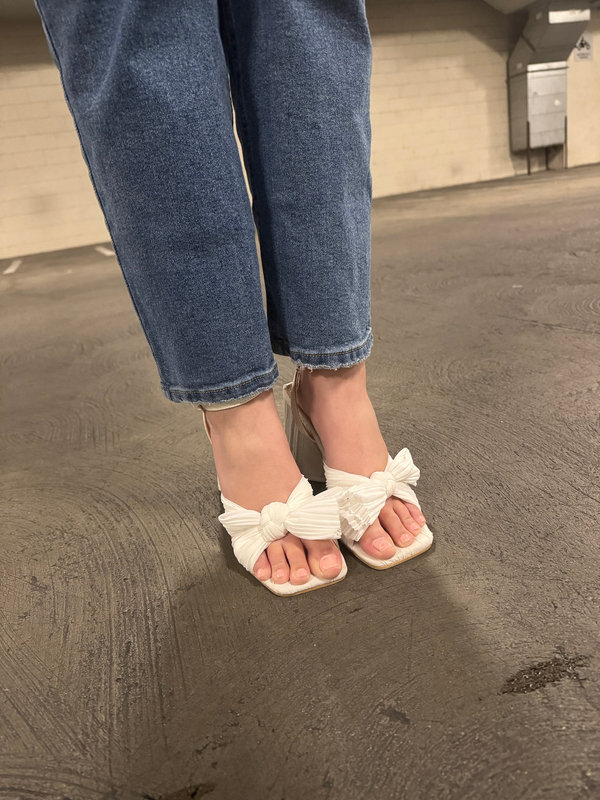 White White Pleated Chiffon Bow Mid-Heel Sandals | Azazie