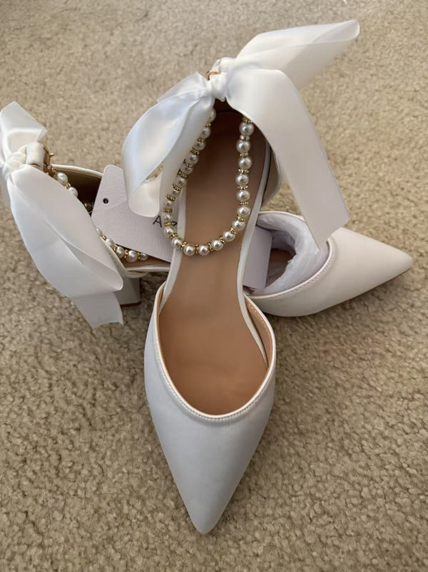 White Satin Pearl and Bow Pointed Toe Block Heels | Azazie CA