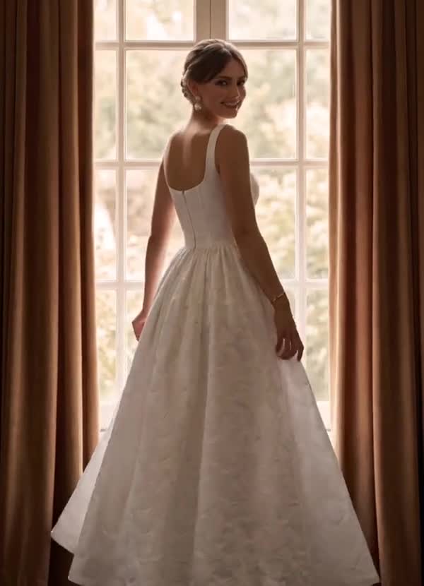 Azazie Verina Wedding Dresses Diamond White A-Line with Pockets Floral Jacquard Dress image1