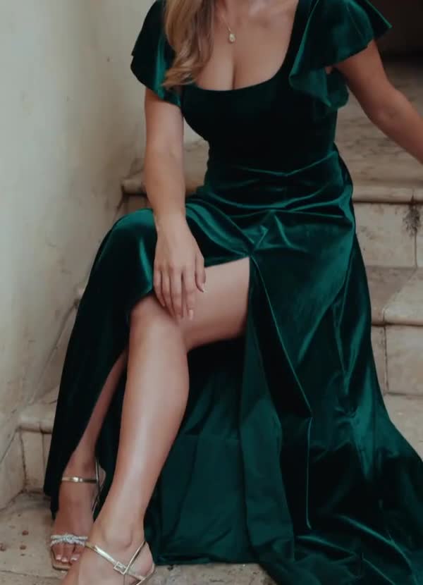 Azazie Bondi Bridesmaid Dresses Black A-Line Side Slit Velvet Dress image1