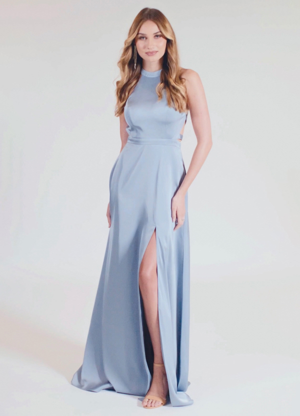 Azazie Clarice Brautjungfernkleider A-Linie Hoher Kragen Stretch-Satin Kleid Stahlblau image1