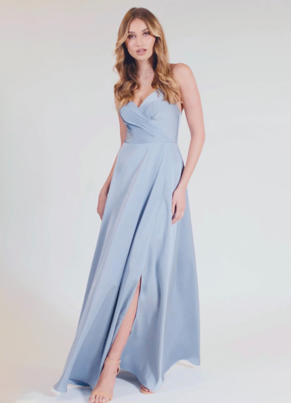 Azazie Davis Bridesmaid Dresses Agave A-Line Pleated Stretch Satin Dress image1
