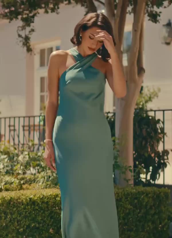 Azazie Doretta Bridesmaid Dresses Moss Green Mermaid Pleated Stretch Satin Dress image1