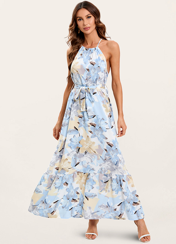 Light Blue Life Of Romance Light Blue Floral Print Ruffled Maxi Dress