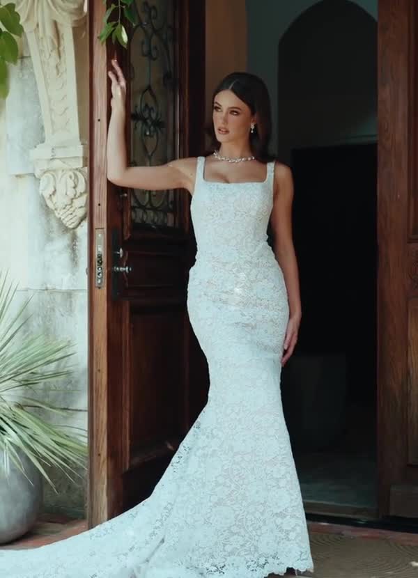 Azazie Amara Abiti da Sposa Abito Sirena in Pizzo Scollo quadrato Bianco Diamante image1