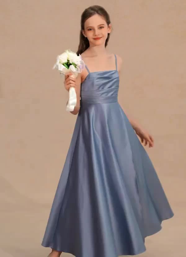 Azazie Pebbles Girl Jurken voor bloemenmeisjes A-Lijn Jurk van Mat Satijn Geplooid Ivoor image1